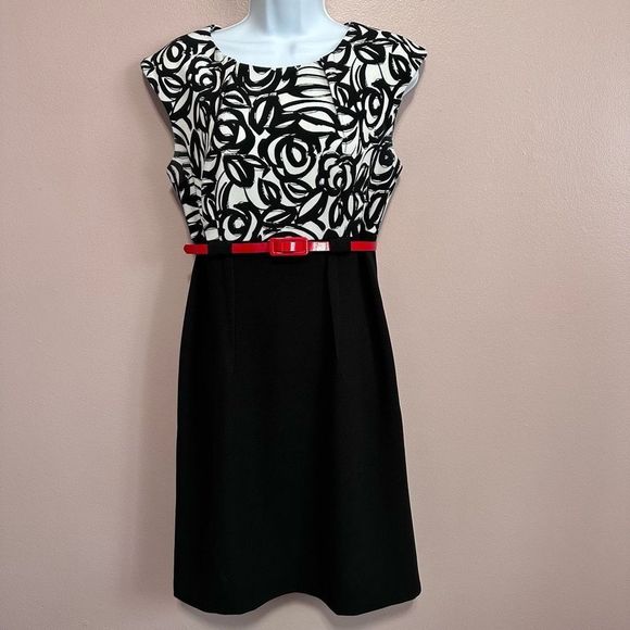 Dress Barn black & white belted dress size 8 - Picture 2 of 7